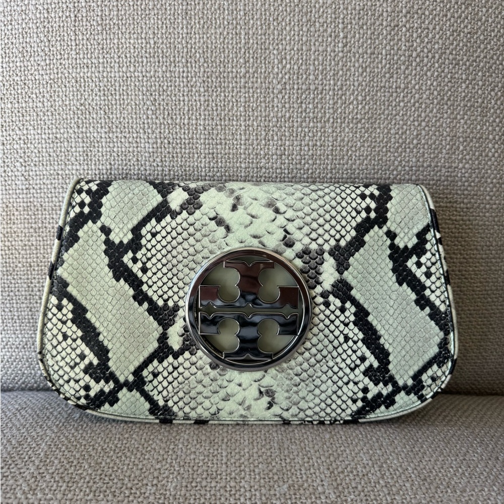 Tory Burch Black and Cream Snake Pattern Clutch